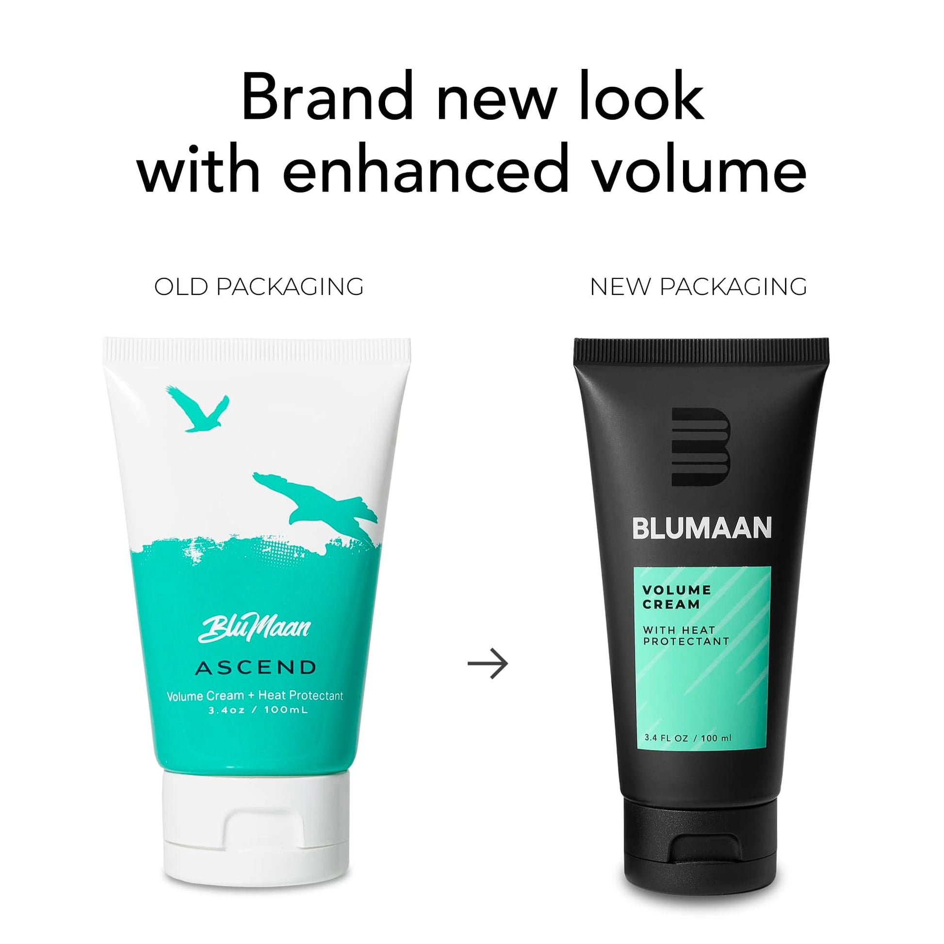 Side-by-side comparison of BLUMAAN Volume Cream old and new packaging with the tagline ‘Brand new look with enhanced volume