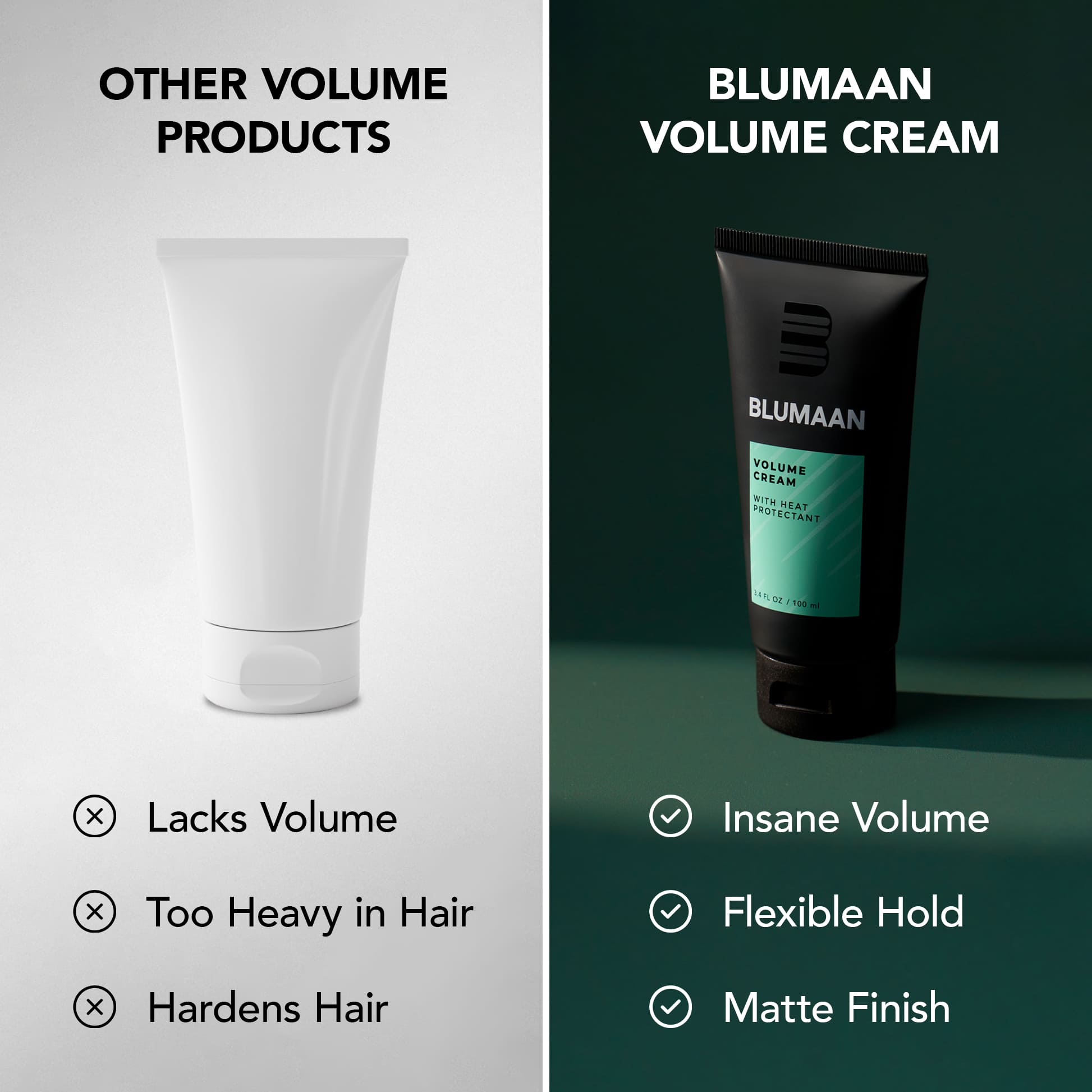 Comparison between BLUMAAN Volume Cream and generic volume products, highlighting benefits like insane volume and matte finish