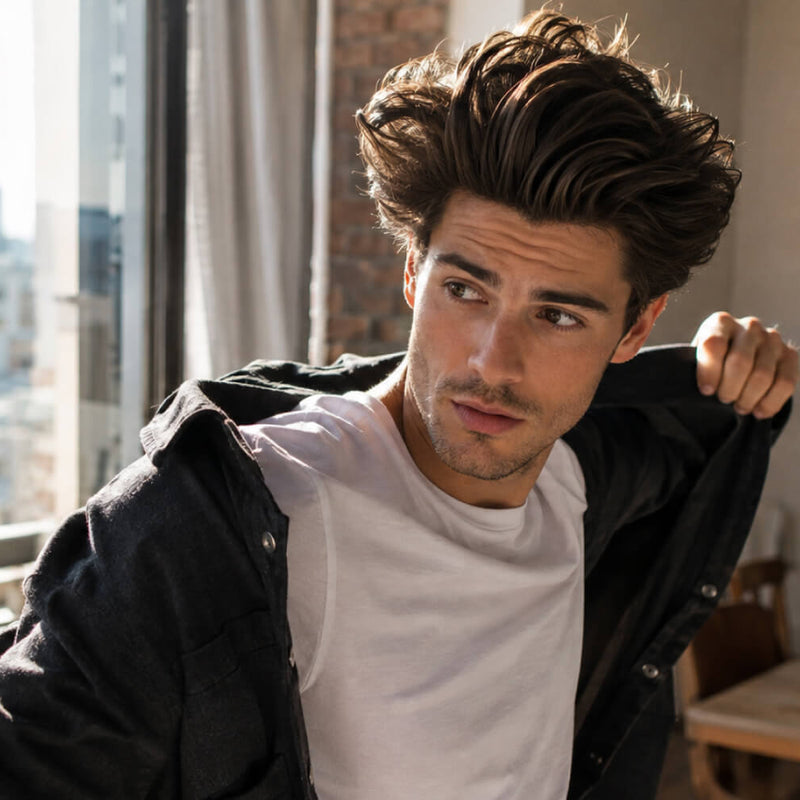 Men’s hairstyle comparison showing flat hair and hair with added root volume and shape.