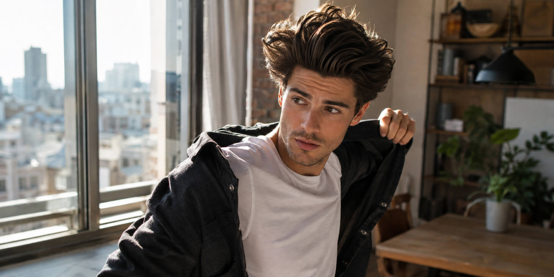 Men’s hairstyle comparison showing flat hair and hair with added root volume and shape.